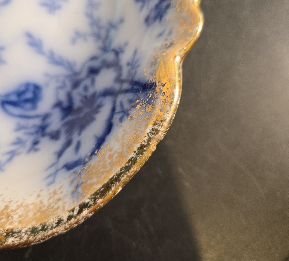 Antique Warwick China Flow Blue Floral Porcelain Trinket Dish with Gold Rim - Picture 14 of 14